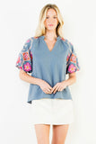 THML Viviana Puff Sleeve Embroidery Detail Textured Top