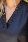 Vanessa Ruffled V Neck Solid Faux Leather Shift  VOY Dress