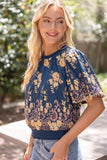 Beatrice Floral Embroidered Boarder Print Rib Band VOY Top