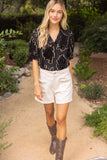Stacie Ruffled V Neck Textured Burnout Velvet VOY Top