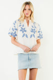 THML Adair Puff Sleeve Floral Embroidery V Neck Top