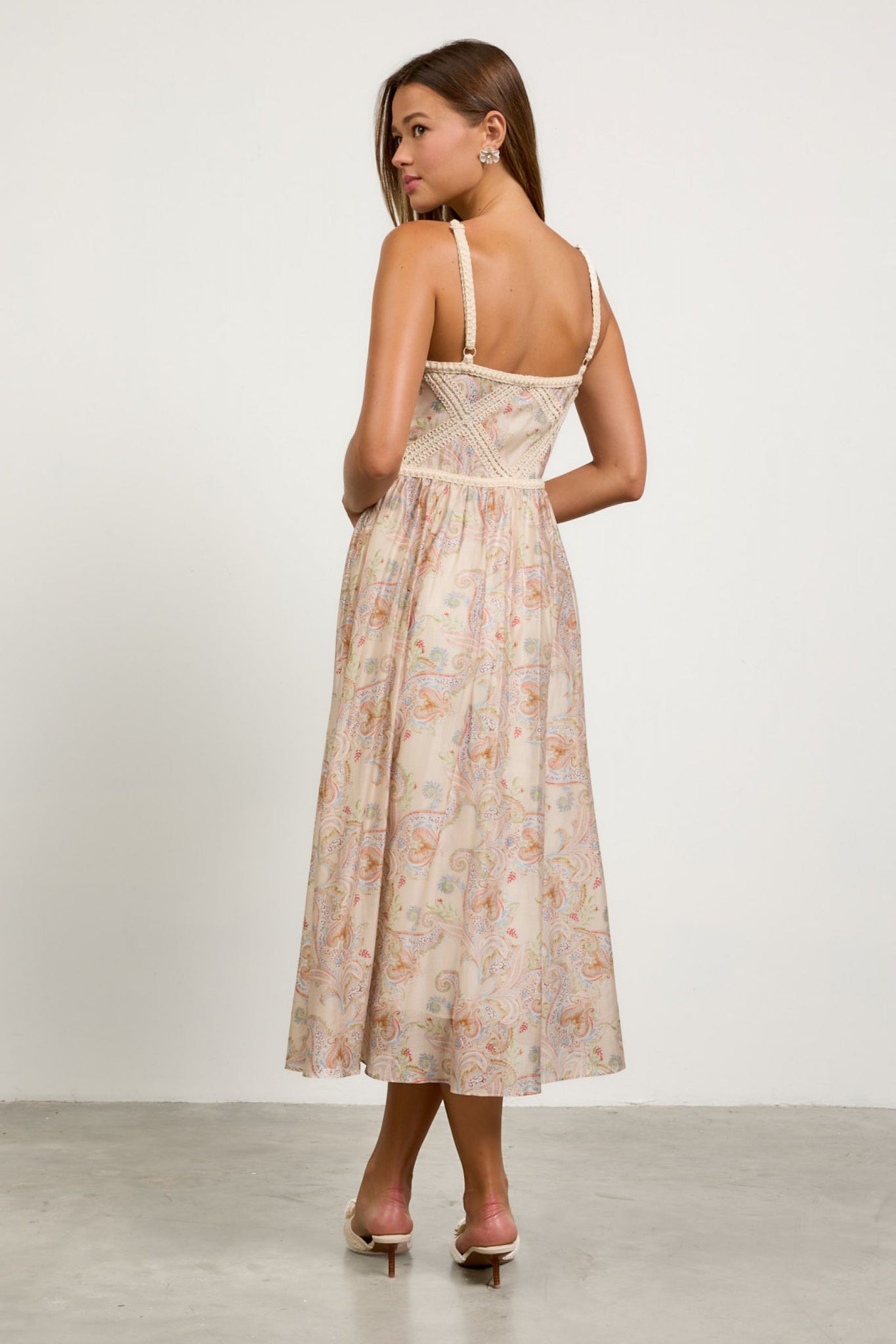 Tracy Paisley Halter Neck with Macrame Embroidery Skies are Blue Dress- SALE S Tracy Paisley Halter Neck with Macrame Embroidery Skies are Blue Dress- SALE S