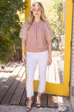 Sloane Floral Eyelet Crochet Bubble Sleeve Suede VOY Top