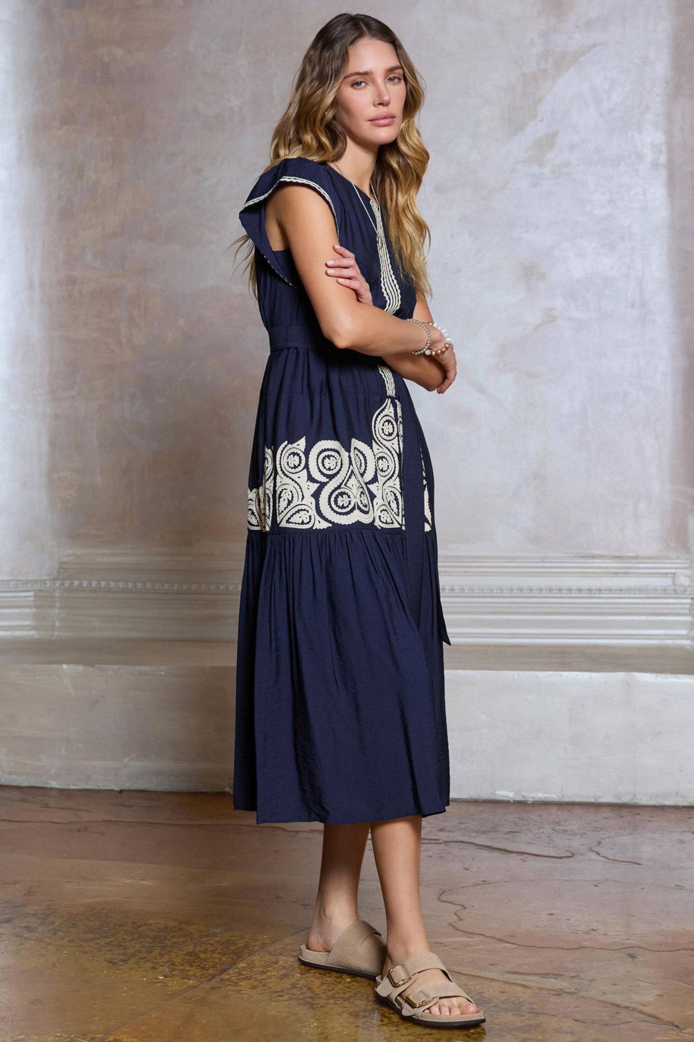 current air dress Boho Embroidery Tiered Midi, Navy M