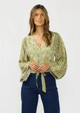 Lovestitch Hadley Button Down Front Tie Wide Sleeve with Lace Trim Top