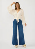Lovestitch Aurora Button Down Front Tie Wide Sleeve with Lace Trim Top