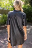 Vanessa Ruffled V Neck Solid Faux Leather Shift  VOY Dress