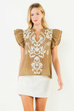 THML Billy Textured Embroidery Flutter Sleeve Top