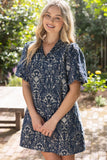 Daphne Smocked V Neck Jacquard Shift VOY Dress