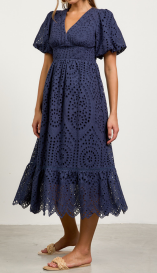 Sasha Navy Eyelit Midi Skies Are Blue Dress- Sale S