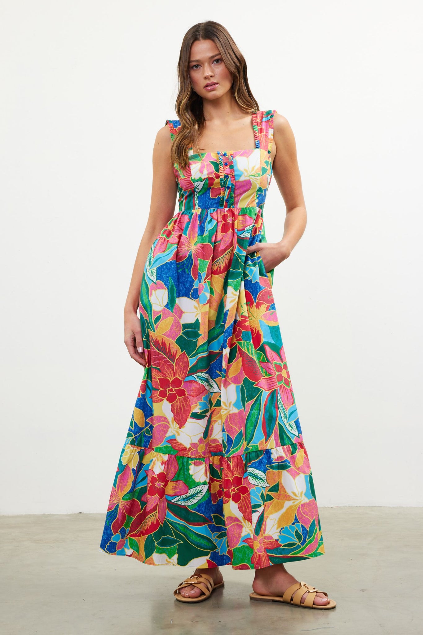 Vivian Printed Ruffle Tiered Maxi Skies Are Blue Dress Sale L Vivian Printed Ruffle Tiered Maxi Skies Are Blue Dress Sale L