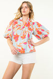 Everette Striped Floral Puff Sleeve THML Top