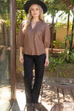 Octavia 3/4 Sleeve Button Down Solid Faux Leather  VOY Top