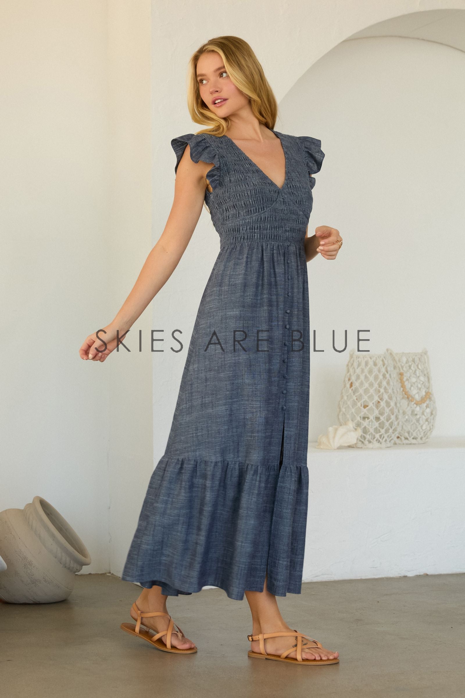 skies are blue maxi dress Smocked Flutter Sleeve Chambray Dress, Denim L Color:Ivory/Nude Glitter Brand:Blu Pepper Dress is partially lined Man in black suit