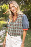 Cleo Stripe Denim Sleeve Houndstooth Tweed VOY Top