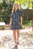 Daphne Smocked V Neck Jacquard Shift VOY Dress
