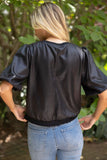 Leah Ribbed Knit Band Solid Faux Leather VOY Top