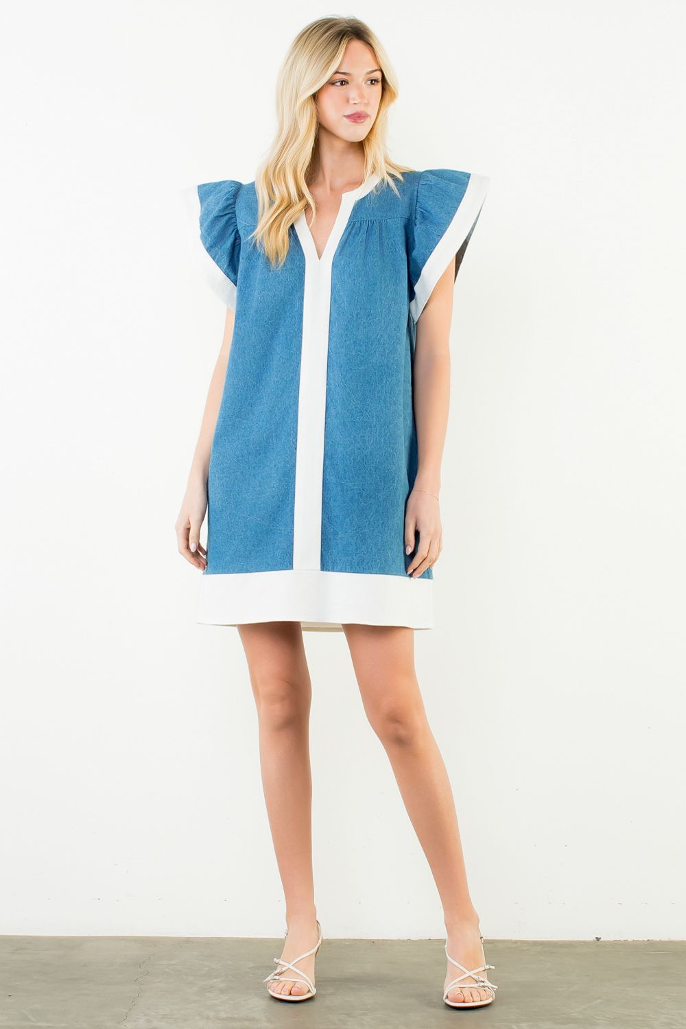 ladies short sleeve denim dress THML Theira Flutter Sleeve Denim Dress L