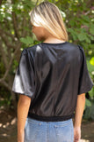 Leah Ribbed Knit Band Solid Faux Leather VOY Top