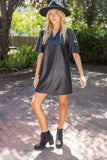 Vanessa Ruffled V Neck Solid Faux Leather Shift  VOY Dress
