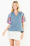 THML Viviana Puff Sleeve Embroidery Detail Textured Top