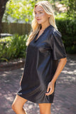 Vanessa Ruffled V Neck Solid Faux Leather Shift  VOY Dress
