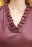 Edith Ruffled V Neck Solid Faux Leather Shift  VOY Dress