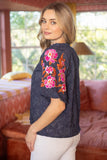 Bitsy Embroidered Raglan Sleeve Floral Textured VOY Top