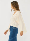 Lovestitch Aurora Button Down Front Tie Wide Sleeve with Lace Trim Top