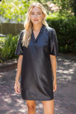 Vanessa Ruffled V Neck Solid Faux Leather Shift  VOY Dress