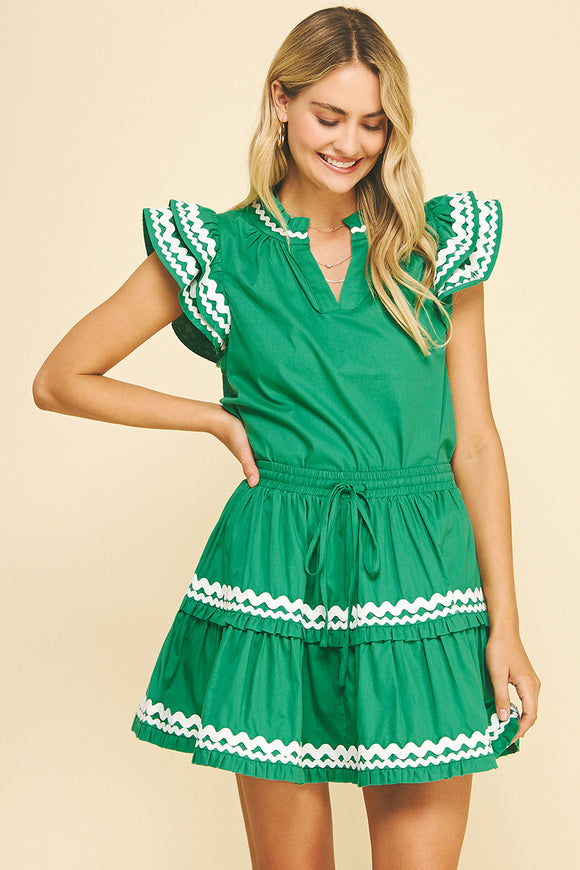 Morgan Green Embroidered Ruffle Sleeve Pinch Top