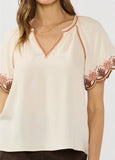 Lovestitch Wynn Embroidered Flutter Sleeve Top