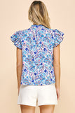 Melinda Blue Print Short Sleeve Woven PINCH Top