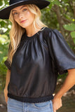 Leah Ribbed Knit Band Solid Faux Leather VOY Top