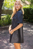 Vanessa Ruffled V Neck Solid Faux Leather Shift  VOY Dress