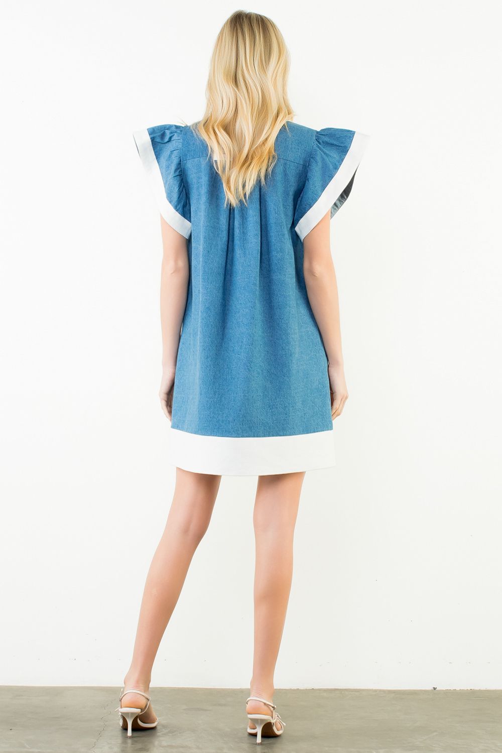 short sleeve denim dress for women THML Theira Flutter Sleeve Denim Dress L