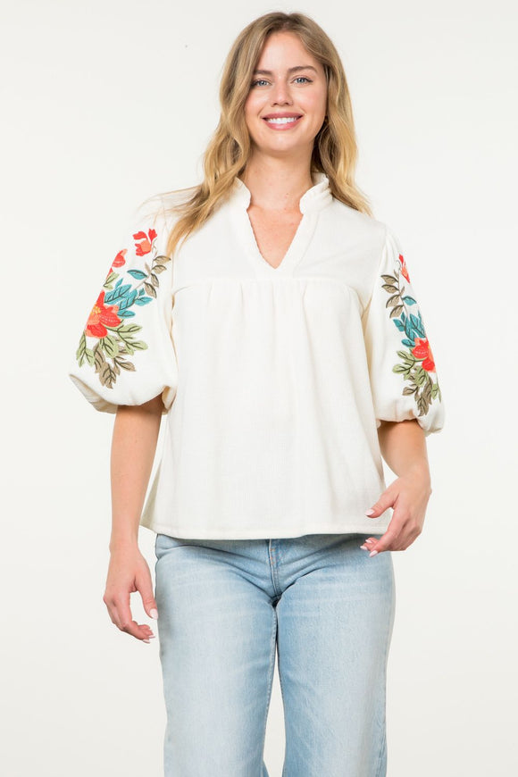 Hayden Embroidered Puff Sleeve THML Top