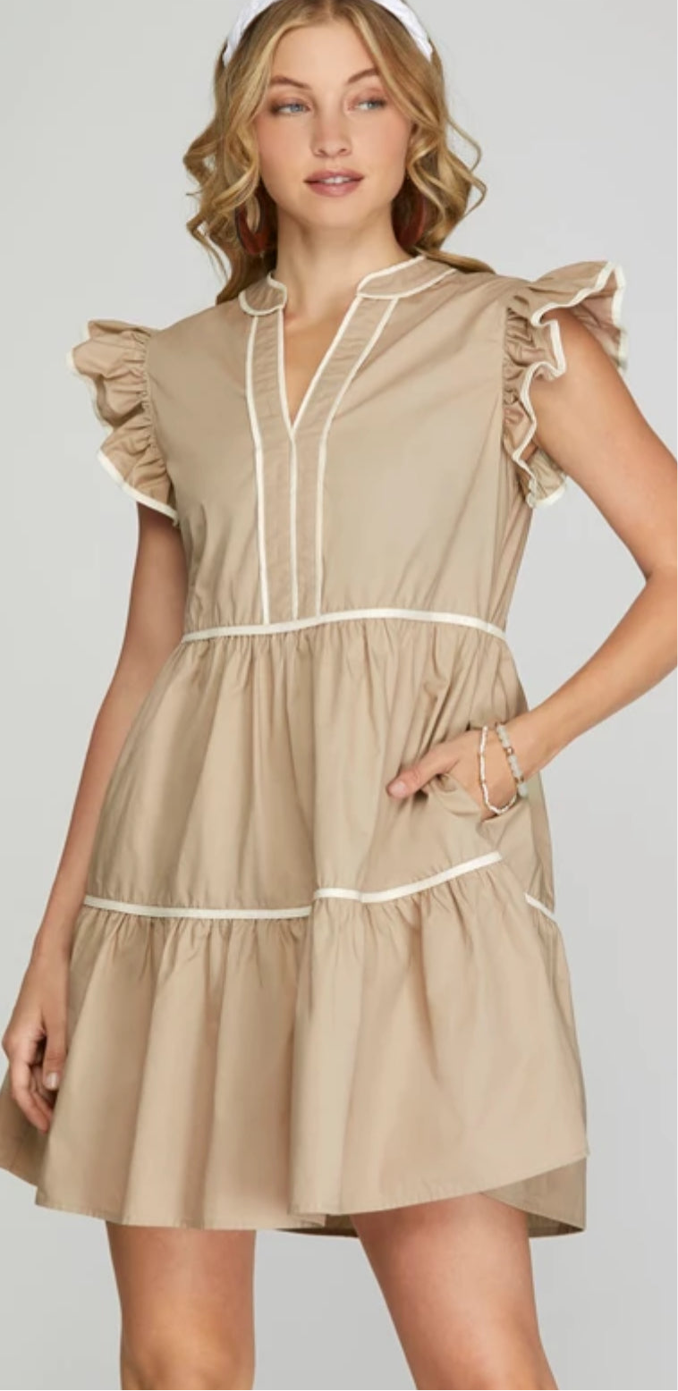 Geneva Taupe Ruffle Sleeve She + Sky Tiered Pocket Dress- SALE L Geneva Taupe Ruffle Sleeve She + Sky Tiered Pocket Dress- SALE L