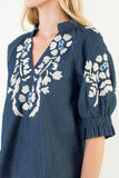 THML Claudine Puff Sleeve Floral Embroidery V Neck Top