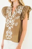 THML Billy Textured Embroidery Flutter Sleeve Top