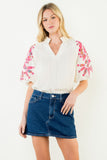 THML Shay Floral Pattern Puff Sleeve V Neck Top