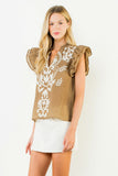 THML Billy Textured Embroidery Flutter Sleeve Top