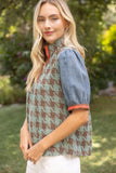 Cleo Stripe Denim Sleeve Houndstooth Tweed VOY Top