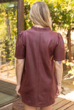 Edith Ruffled V Neck Solid Faux Leather Shift  VOY Dress