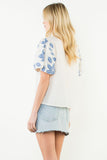 THML Adair Puff Sleeve Floral Embroidery V Neck Top