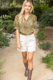 Berkley Ruffled V Neck Textured Burnout Velvet VOY Top
