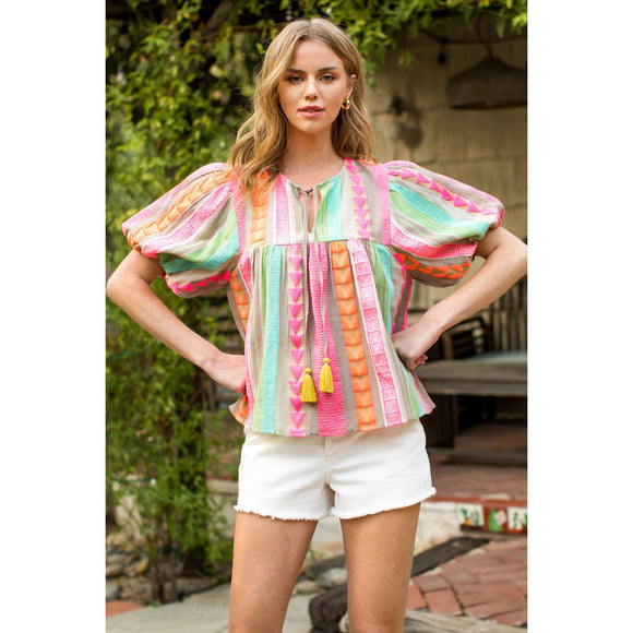 Daisy Embroidered Patter Tassel Tie THML Top