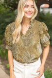 Berkley Ruffled V Neck Textured Burnout Velvet VOY Top