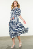 Eleanor Navy Puff Sleeve Striped Tiered THML Dress