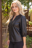 Ashley 3/4 Sleeve Button Down Solid Faux Leather  VOY Top